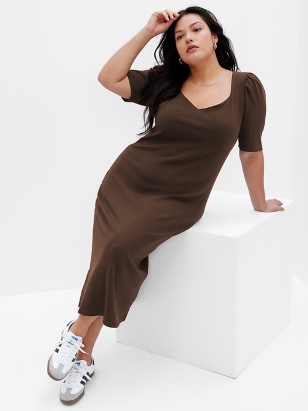 NWT GAP Brown Ribbed Half Sleeve Midi Dress with Puff Sleeves Size XL
